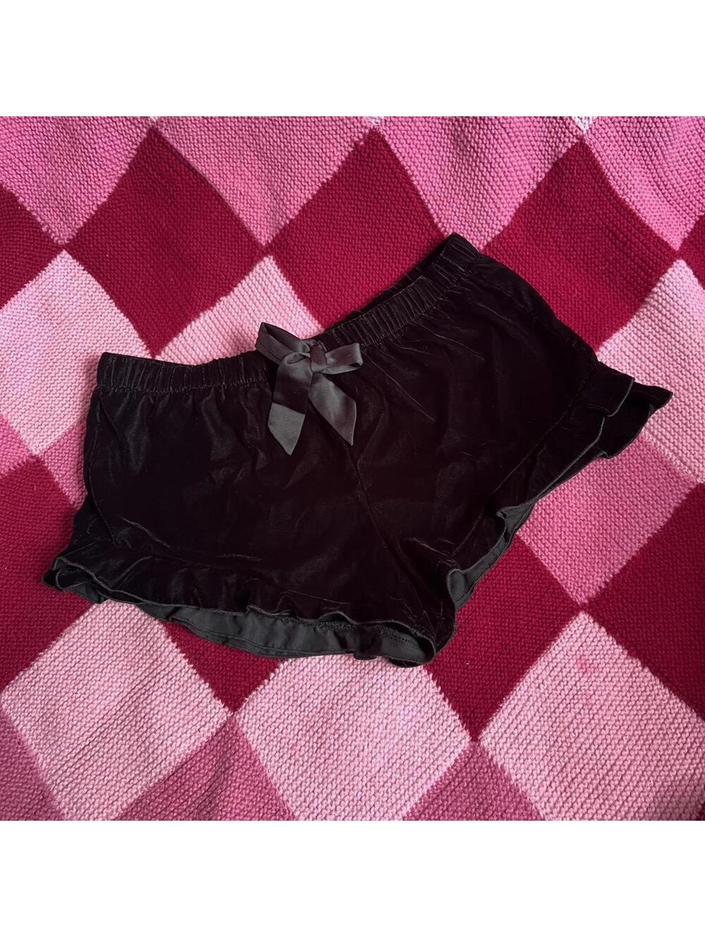 Black velvet ruffled sleep shorts